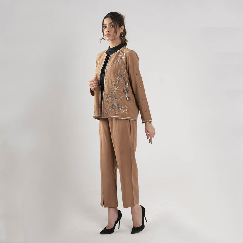 KHAKI EMBROIDERED TWO PIECE SUIT (SSP2401SU12)