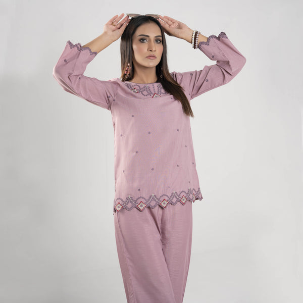 TEA PINK EMBROIDERED TWO PIECE SUIT (SWI2311SU01)