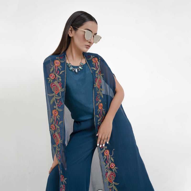 TEAL EMBROIDERED TWO PIECE SUIT (SE22306SU33)